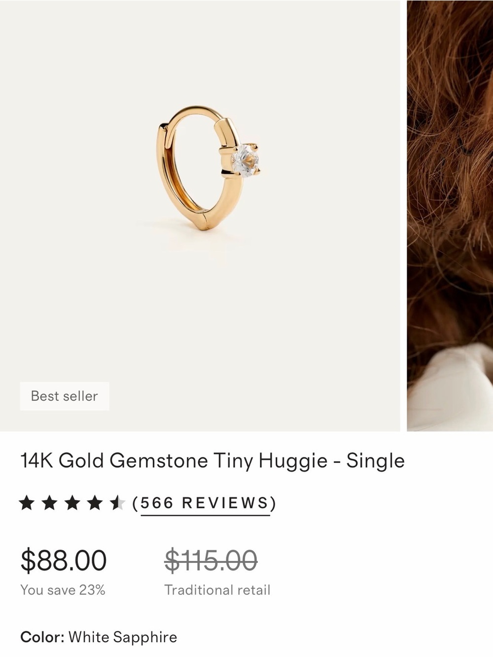Quince 14K Gold Tiny Huggie with White Sapphire